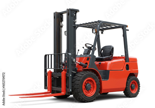 A red forklift with black accents isolated on a white background in a studio setting view