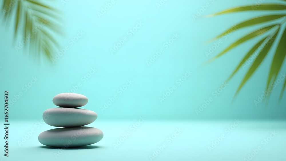 Minimalist tropical spa scene with two stacked round stones on a smooth turquoise surface against a clear blue sky. Soft lighting creates a calm, serene atmosphere. Minimalist tropical spa scene with two stacked round stones on a smooth turquoise surface against a clear blue sky. Soft lighting creates a calm, serene atmosphere.