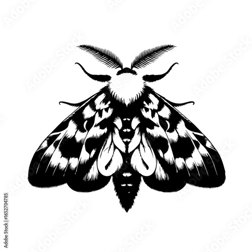 Detailed black and white moth illustration isolated on white background