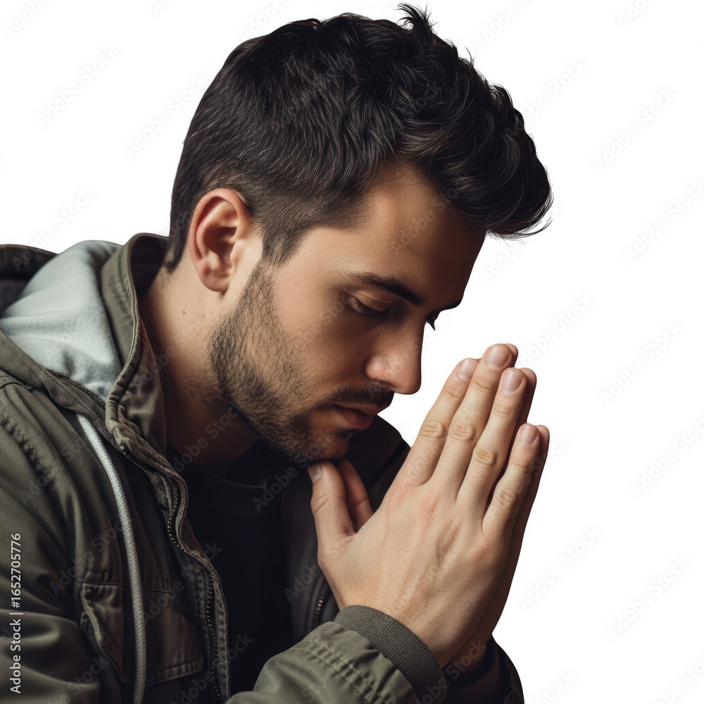 Fototapeta premium Man praying with hands clasped isolated on transparent background