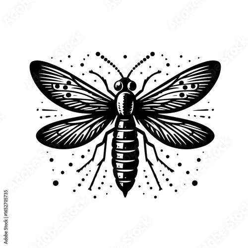 Detailed drawing of a fly isolated on white background in black and white