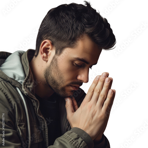 Man praying with hands clasped isolated on transparent background
