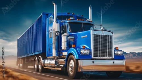 Blue SemiTruck Driving on Highway with Desert Landscape with Transportation Concept.