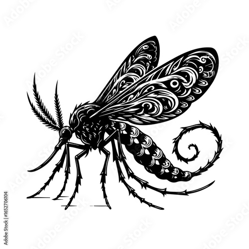 Illustration of a mosquito with decorative wings isolated on white background