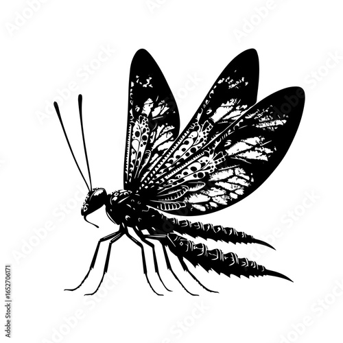 Detailed black and white insect illustration isolated on white background