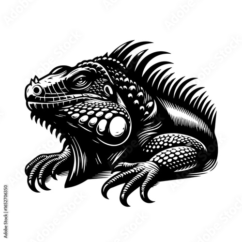 Detailed iguana illustration isolated on white background in black and white