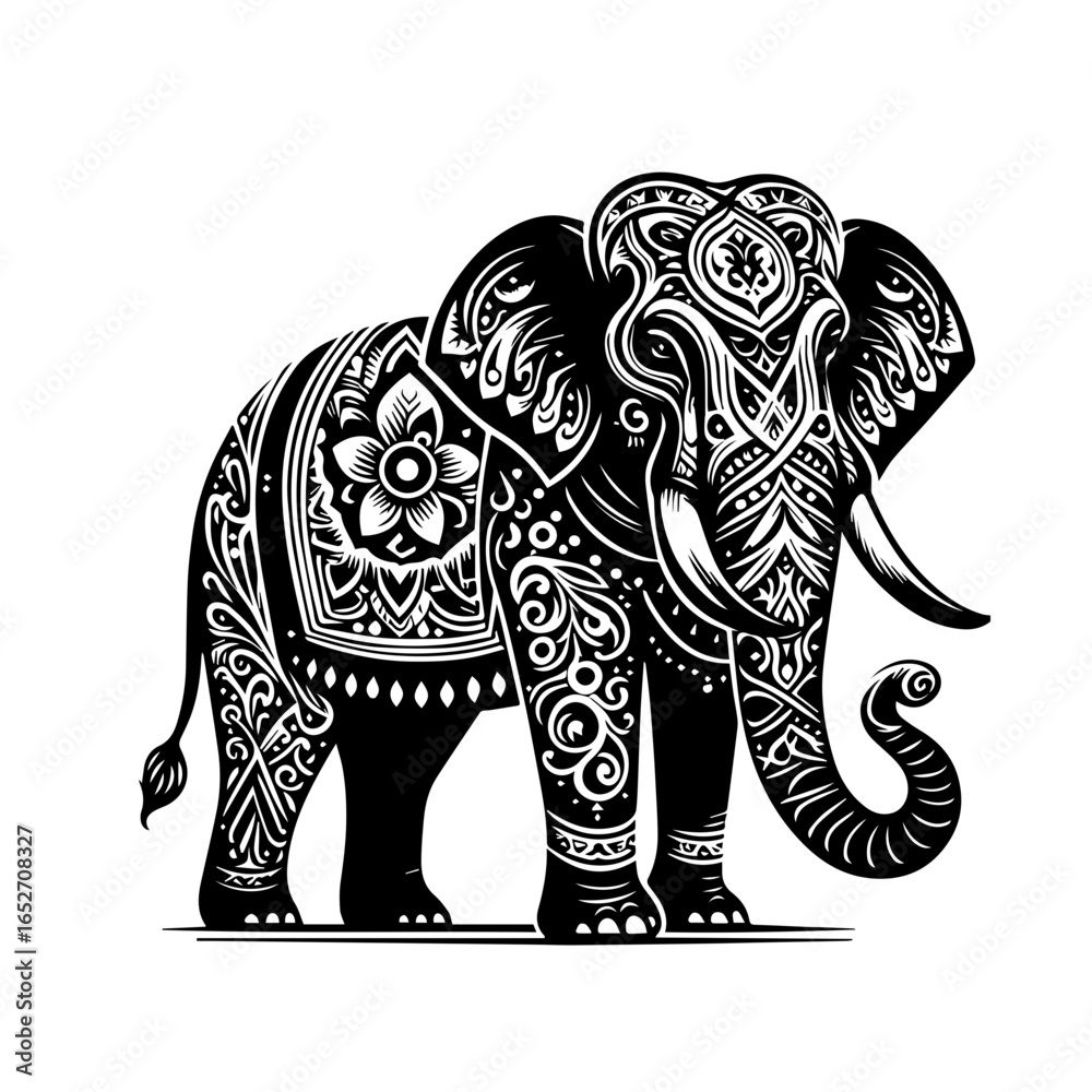 Fototapeta premium Ornate elephant illustration isolated on white background with decorative pattern
