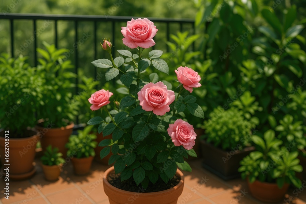 Green plants and blooming roses arranged on a balcony for a vibrant garden scene Green plants and blooming roses arranged on a balcony for a vibrant garden scene