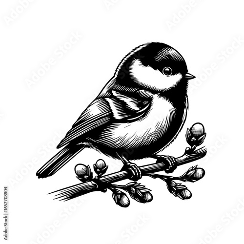 Isolated titmouse bird perched on a branch, a black and white vector drawing