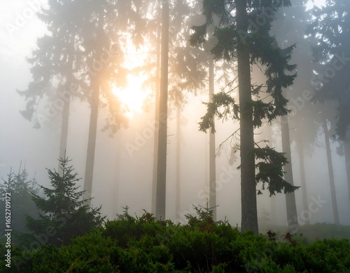 Misty forest sunrise