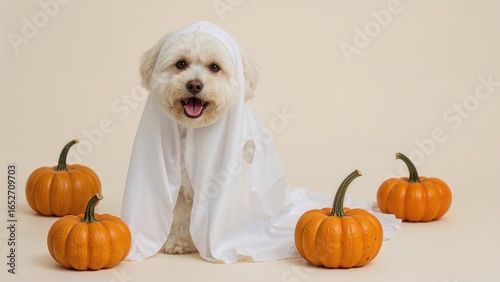 Dog covered with a ghost sh...