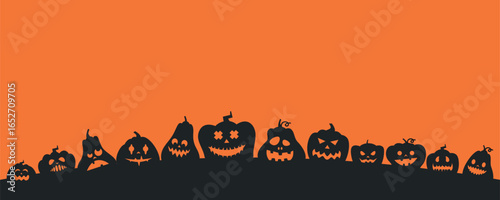 Halloween pumpkin seamless banner. Cartoon cutout scary faces on Halloween jack-o-lanterns black silhouettes, scary expression carving faces holiday symbols. Vector Halloween card