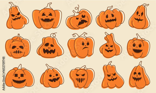 Halloween doodle faces. Cartoon scary pumpkin lanterns with spooky faces, cute funny scary traditional halloween pumpkins characters. Vector holiday symbol isolated set