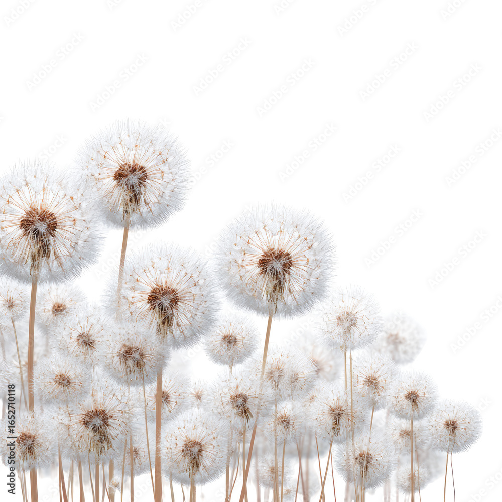 Obraz premium A cluster of fluffy, white dandelion seed heads on slender stems against a black background