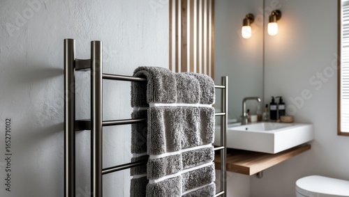 Modern bathroom decor featu...