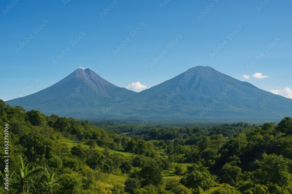 Fototapeta premium Scenic landscape featuring two mountains as seen from a small town in Central Java