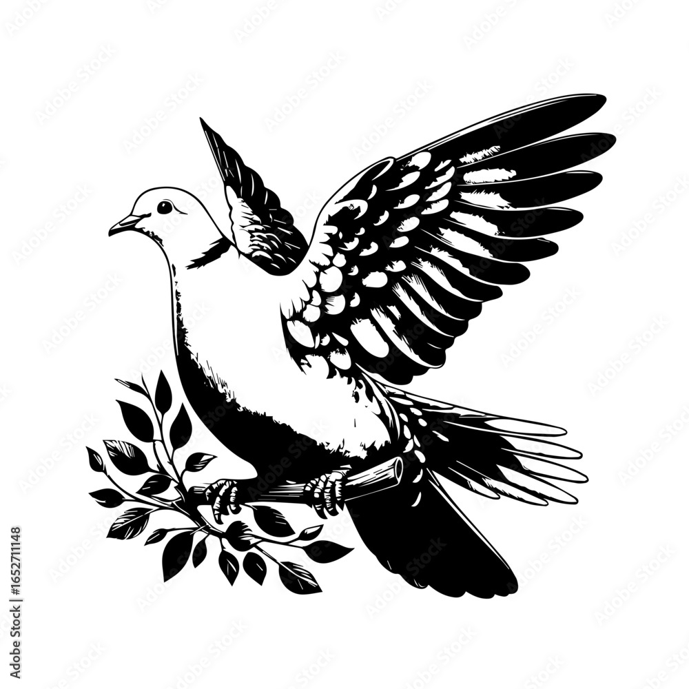Obraz premium Dove with olive branch isolated on white background in black and white style
