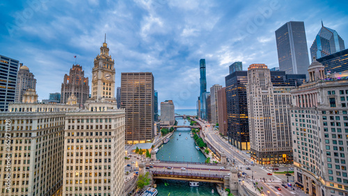Wallpaper Mural Chicago, IL - July 24, 2024: Aerial view of Riverfront and Skyscrapers at summer sunset Torontodigital.ca