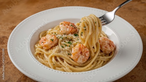 Creamy shrimp pasta served ...
