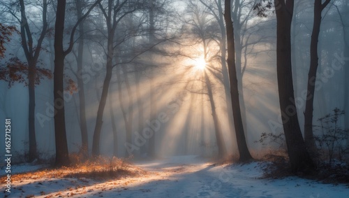 Snow-covered woodland illum...
