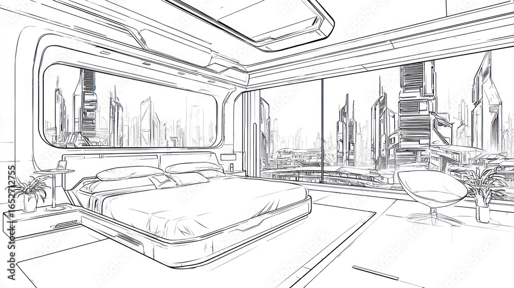 Obraz premium Futuristic bedroom outline, big windows overlooking a sprawling cityscape
