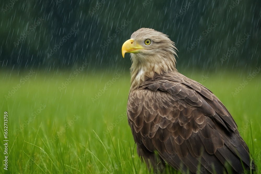 Fototapeta premium Serene scene of a White-tailed Eagle resting in vibrant marsh grass under rainy skies, with woodland in the backdrop. Birdwatching in the wild.