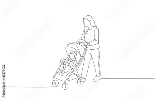 Continuous one line drawing of mother pushing stroller with her baby, symbolizing parenthood, care, nurturing, and the bond between parent and child, single line art.