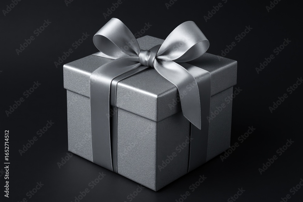 Obraz premium Stylish silver present box featuring a bow against a black backdrop
