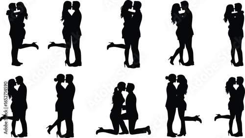 Romantic couples kissing silhouettes, love and passion, affectionate embraces, intimate moments, relationship happiness, emotional connection, tender romance, couple love, passion and intimacy