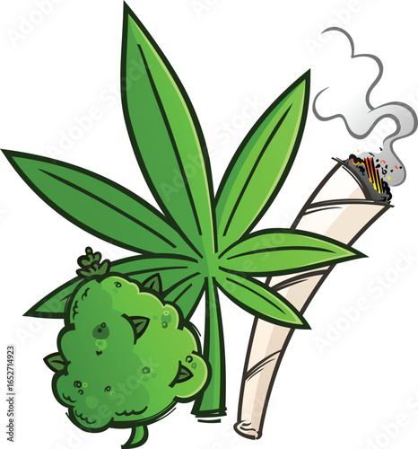 Cartoon illustration of a marijuana leaf, cannabis bud, and smoking joint with rising smoke, colorful weed art for stoner and cannabis culture themes