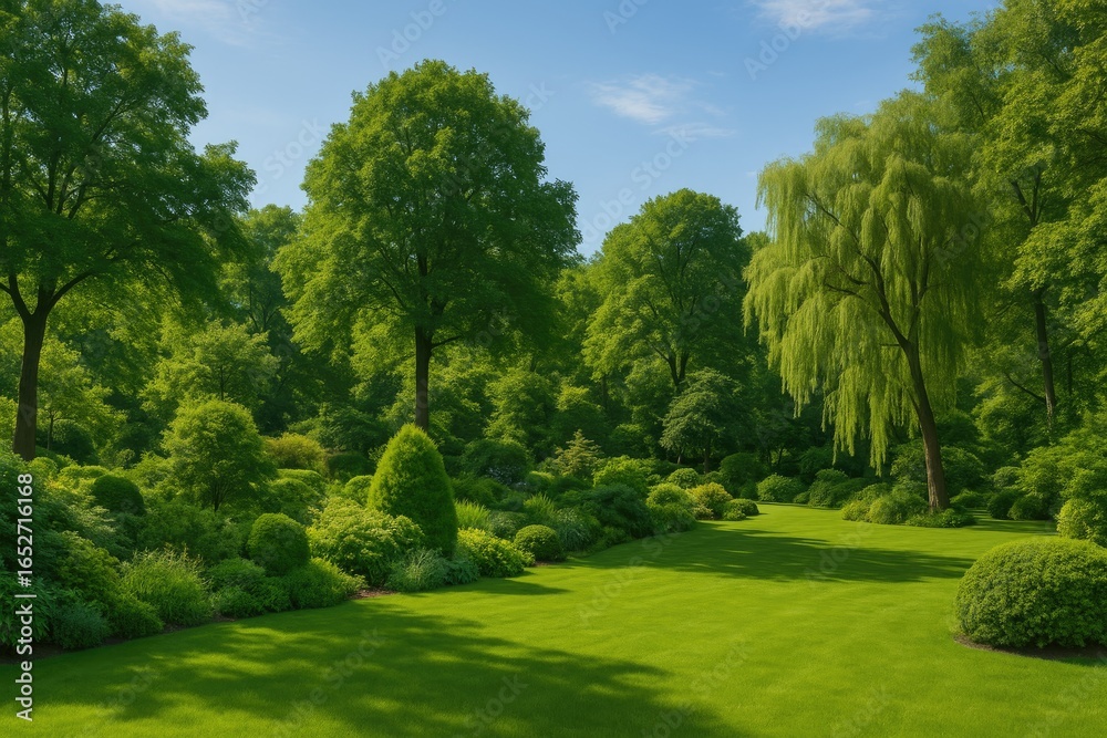 Fototapeta premium Vibrant park scene featuring lush plants and tall trees
