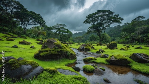Lush greenery and mossy roc...