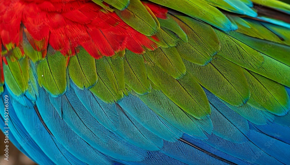 Obraz premium Close-up of a parrot's colorful plumage, showcasing a stunning gradient of brilliant red, lush green, and serene blue feathers, highlighting their intricate texture and natural beauty
