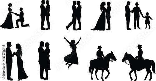 Romantic wedding silhouettes, proposal moment, bride and groom kissing, family celebration, couple with child, horse riding, joyful bride jumping
