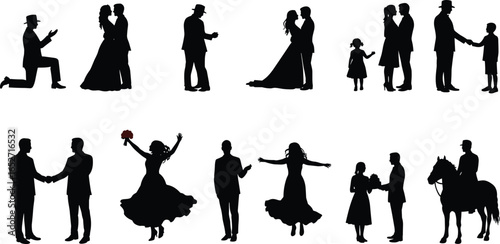 Romantic wedding silhouettes, proposal, bride and groom, family celebration, joyful moments, couple handshake, bouquet toss, horse rider, happiness, love story