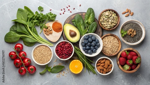 Colorful array of healthy food options featuring fruits, seeds, grains, and greens for nutritious meal preparation