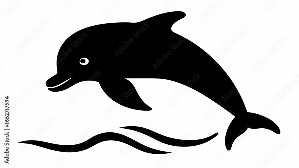Fototapeta premium Black silhouette of a dolphin leaping over stylized waves in a simple and clean vector illustration
