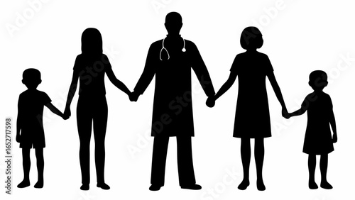 Silhouette of a doctor holding hands with a family of four consisting of parents and two children