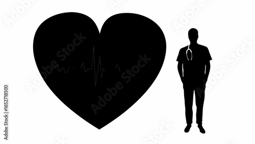Silhouette of a doctor with stethoscope next to a heart with an ekg line in black and white design