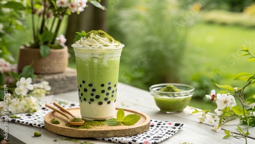 Enjoying refreshing matcha bubble tea with tapioca pearls in a serene green garden
