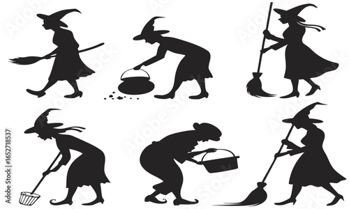 Silhouettes of witches in various poses with brooms and cauldrons loween-themed ve vector graphic art