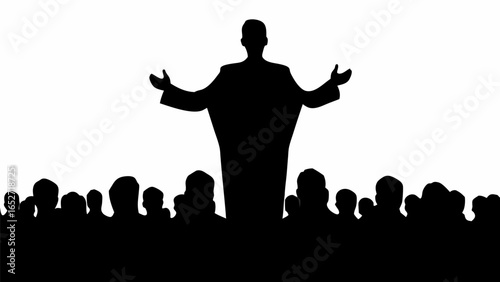 Silhouette of a speaker with outstretched arms addressing a crowd in a monochrome presentation scene