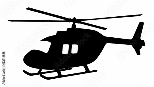 Silhouette illustration of a helicopter with rotor blades and landing skids on a white background plain view
