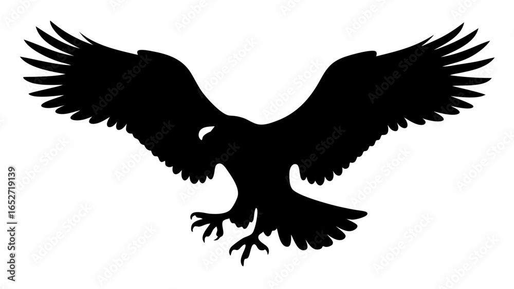Fototapeta premium Silhouette of an eagle with outstretched wings and talons visible against a white background view from below