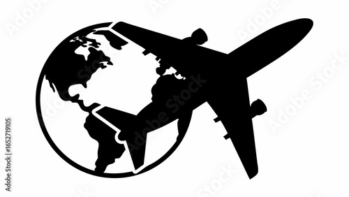 Silhouette of airplane flying over globe depicting international travel and global transportation routes shown