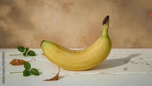 Green banana resting on whi...