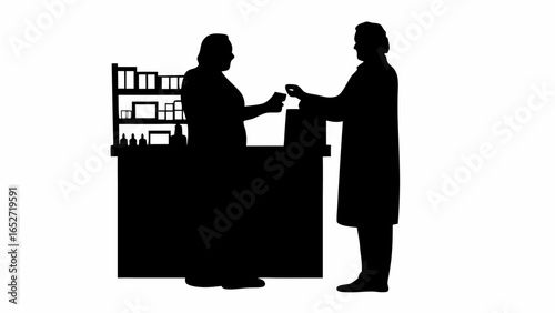 Silhouette of two people transacting at a counter with shelves and bottles in the background in black and white