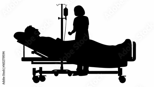 Silhouette of patient in hospital bed with iv drip and nurse standing beside the bed in black and white