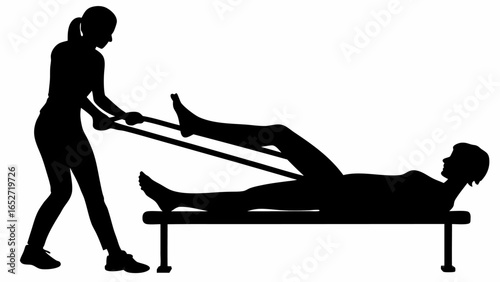 Silhouette of a woman assisting a patient with leg exercises using a bar while lying on a bench table