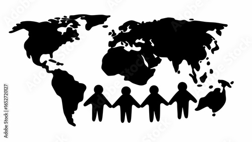 World map silhouette with linked people representing global unity and international cooperation concept art
